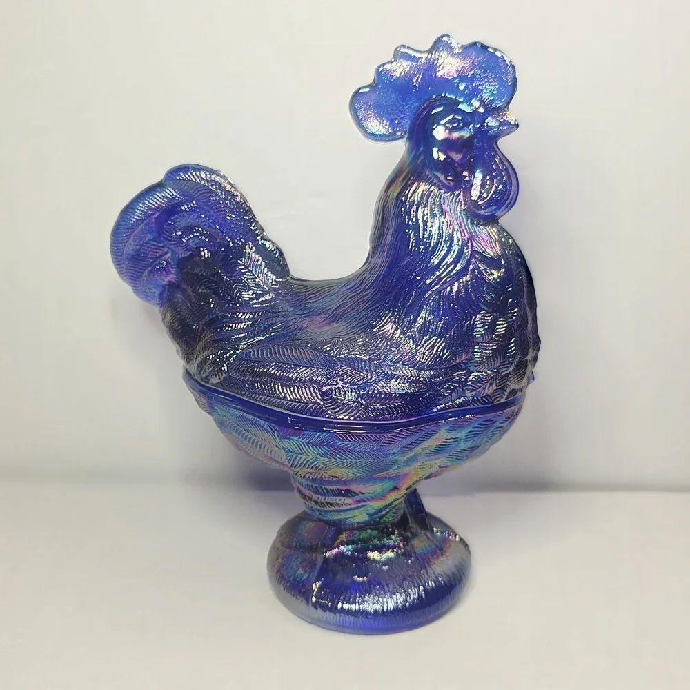 VINTAGE CARNIVAL GLASS 9'' STANDING ROOSTER CANDY DISH